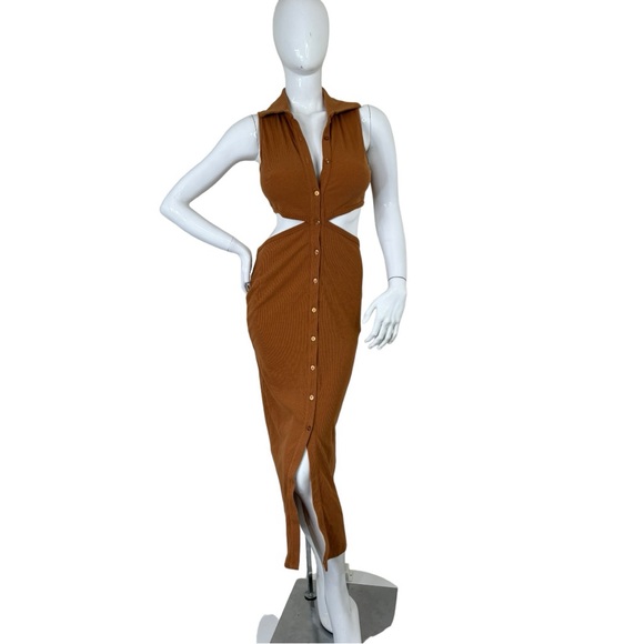 EMORY PARK BUTTON FRONT CUT OUT MIDI SUNDRESS MID SKIRT RIBBED BODYCON STRETCH L - Picture 4 of 17